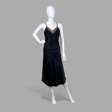 Vintage Kathryn Black Satin Slip Dress Floral Trim Midi Lingerie Nightgown M