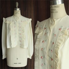 Vintage 1940s Bed Jacket, Winter White Rayon with Blue and Pink Embroidery Short