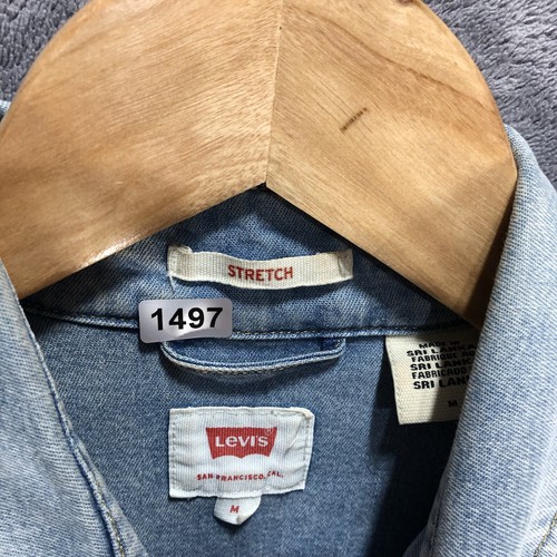 Levis Mens Denim Shirt M Blue Button Up Western Distressed Stretch Red Tag - Picture 10 of 10