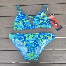 TYR Durafast Women's Groovy  Blue Triangle Top Workout Bikini Set Sz L 38 NEW 