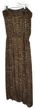Strapless Leopard Print Maxi Dress Sz LARGE Chiffon Ruffle Lined Animal Print