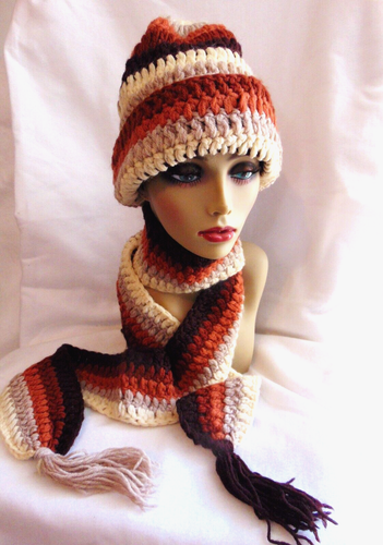 Vintage 60s Knit Mod Hat Scarf Set Beanie Made in England Browns Tassels Abacus - 第 1/9 張圖片