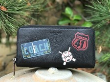 Coach Black Long New Men's Patches Us NY 41 Baseball Leather Phone Wallet NWT