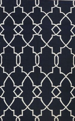 Navy Blue/ Ivory Durrie-Kilim Rugs Flatweave Pile Wool Kelim Carpets 5x8 ft