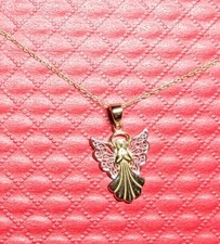 New 10k White  Yellow Gold Crafted Angel Pendant Charm Chain Link Necklace