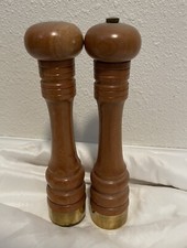 Vintage Wooden Salt Shaker  Pepper Grinder Brass Wood MCM Made in Japan