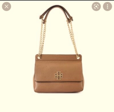 Tory Burch Britten Brown Pebbled Leather Chain Flap Shoulder Bag  