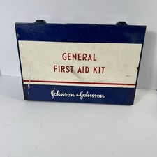 Vintage Johnson & Johnson General First Aid Kit Metal Supplies Box Blue & White