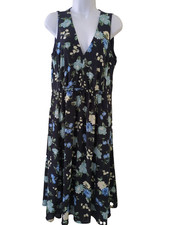 Ann Taylor Dress Size 10  Navy Floral Gathered Front Stretch Flowy Fit Polyester