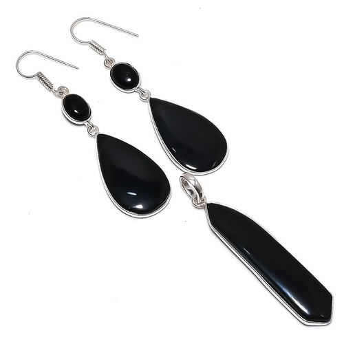 Black Onyx Earring, Pendant Set 925 Silver Hook Earrings Her Perfect Gift UK