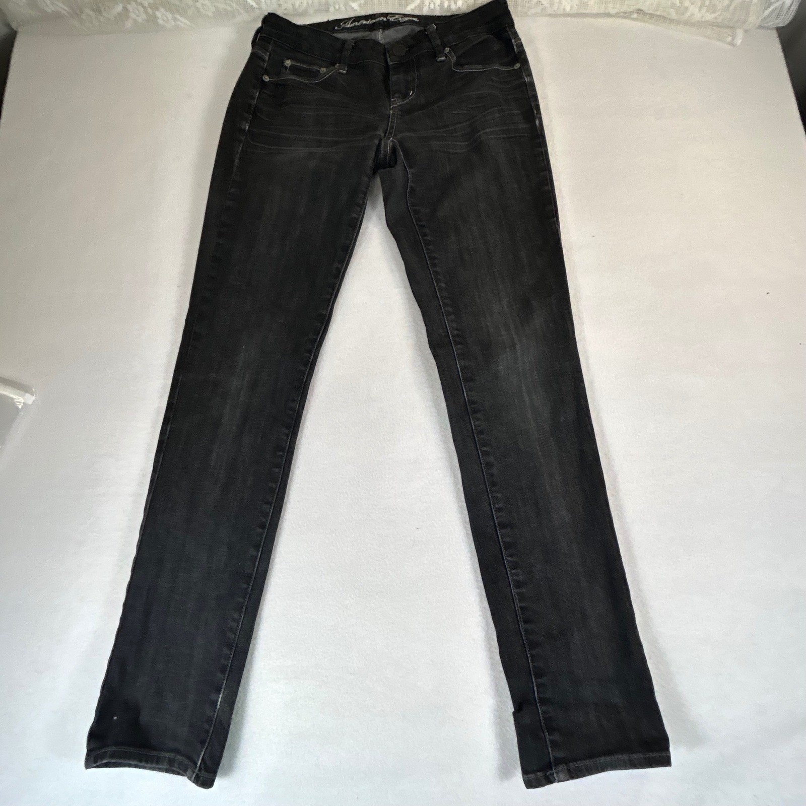 American Eagle Skinny Jeans Womens 4 Faded Black Stretch Low Rise Denim Pants