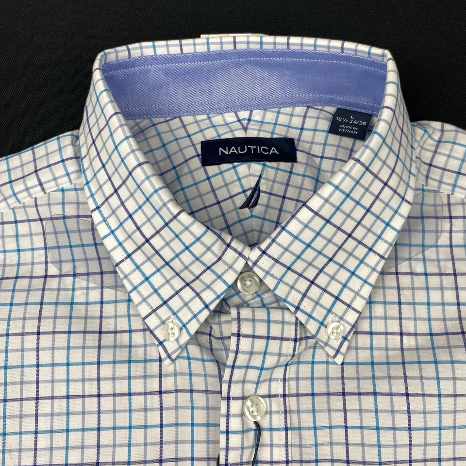 NAUTICA Performance Dress Shirt Mens 16.5-34/35 White w/Blue Checks Classic NWT! - Image 3 of 4