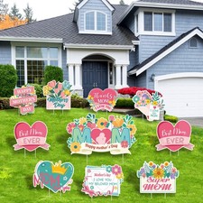 Mother's Day Yard Signs Set - "Best Mom Ever" Outdoor Floral Decorations 10pc 