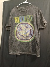 NIRVANA Black Cotton Smiley Face Rainbow Swirl Graphic Band Tee EUC Size L