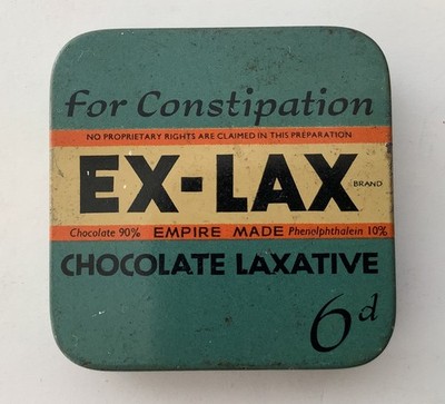 Vintage kleine 4,5 cm quadratische EX-LAX SCHOKOLADENABFÜHRMITTEL DOSE Metall Werbung EX