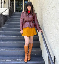 70s Vintage Women's Burnt Terracotta Leather Belted Peplum Waist Collared Jacket
