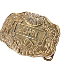 VTG Oden Inc. Name JOHN BRASS BELT BUCKLE Embossed Western Floral Art 1970 s