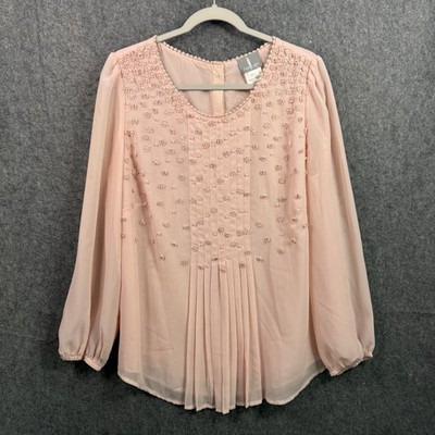 Fair Lady Women's Size 12 Light Pink Beaded Floral Pleated Chiffon Blouse Top