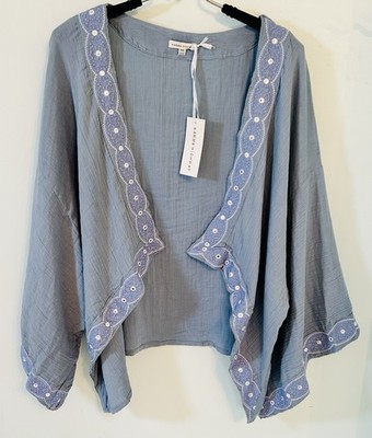 NWT Karma Highway One Size Short Kimono/Open Jacket Blue Cotton Embroidered Boho