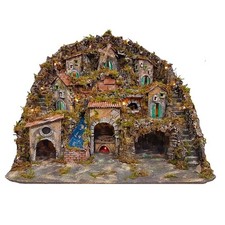Presepe napoletano artigianale con luci forno mulino e cascata 75x60x60 cm
