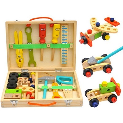 Kinderwerkzeug-Set, Cartoon mit buntem Holzwerkzeug-Werkzeugkasten, für