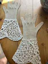 Vintage 1930s Women s Cream Crochet Knit Gauntlet Gloves Lace Long Cuff Wedding