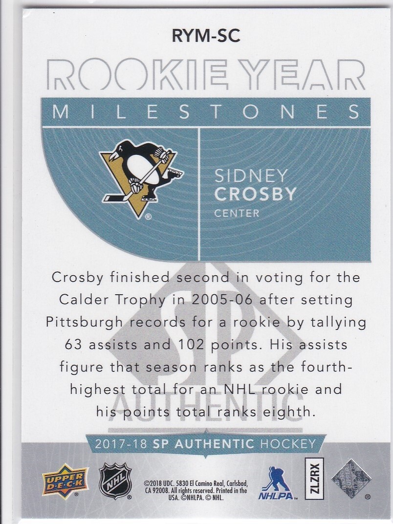 SIDNEY CROSBY ROOKIE Year Upper Deck SP Authentic Hockey Card PITTSBURGH  PENGUIN
