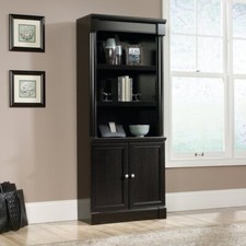 Espresso Black Finish 5 Shelf Bookcase Doors Bookshelf Shelves Library Storage