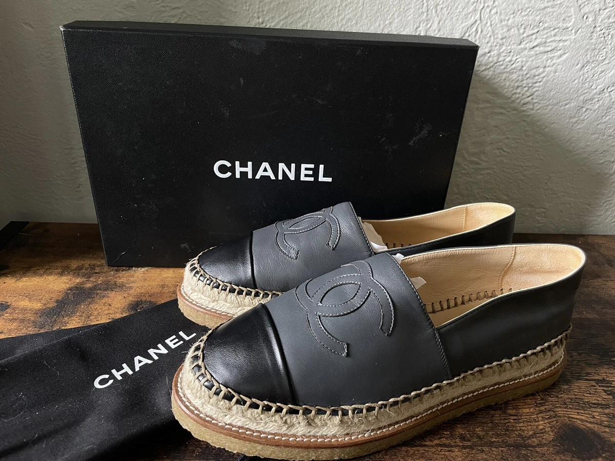 Chanel CC gray Black Lambskin Leather Espadrilles Shoes Size 40 gum sole