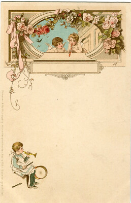 Oblaten scrap chromo Karte Jugendstil Kinder Engel Musik MB Serie 1001