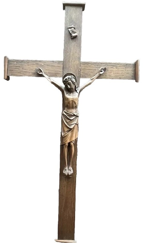 LARGE 26 1/2” ANTIQUE FRENCH WOOD CARVED CRUCIFIX.