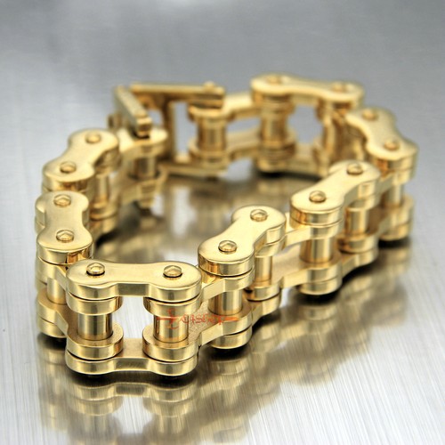 Bracciale Uomo Catena Bici Acciaio Inox Pesante Bracciale Moto Biker Placcato Oro - Foto 8 di 11
