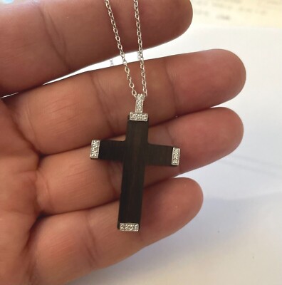 BLACK WOOD CROSS NECKLACE PENDANT SIMULATED DIAMONDS 925 STERLING SILVER 18''