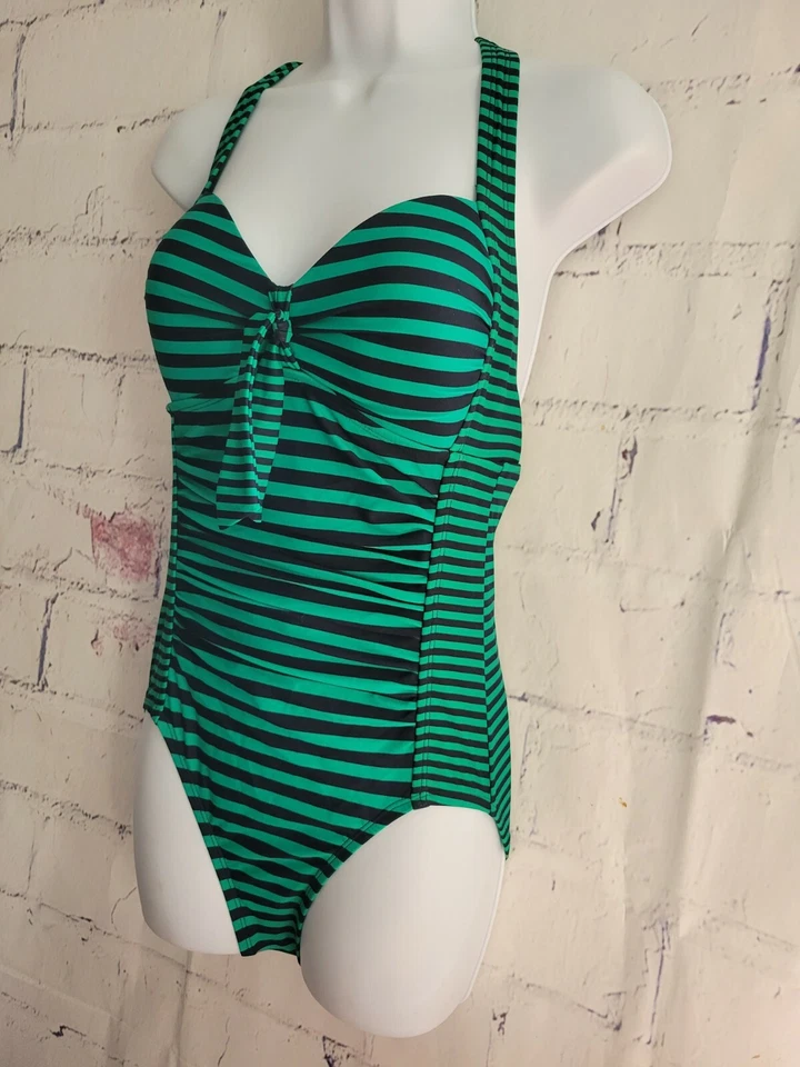 Traje de baño Merona a rayas de una pieza pequeño verde azul halter fruncido delantero acolchado  Foto 3 de 4