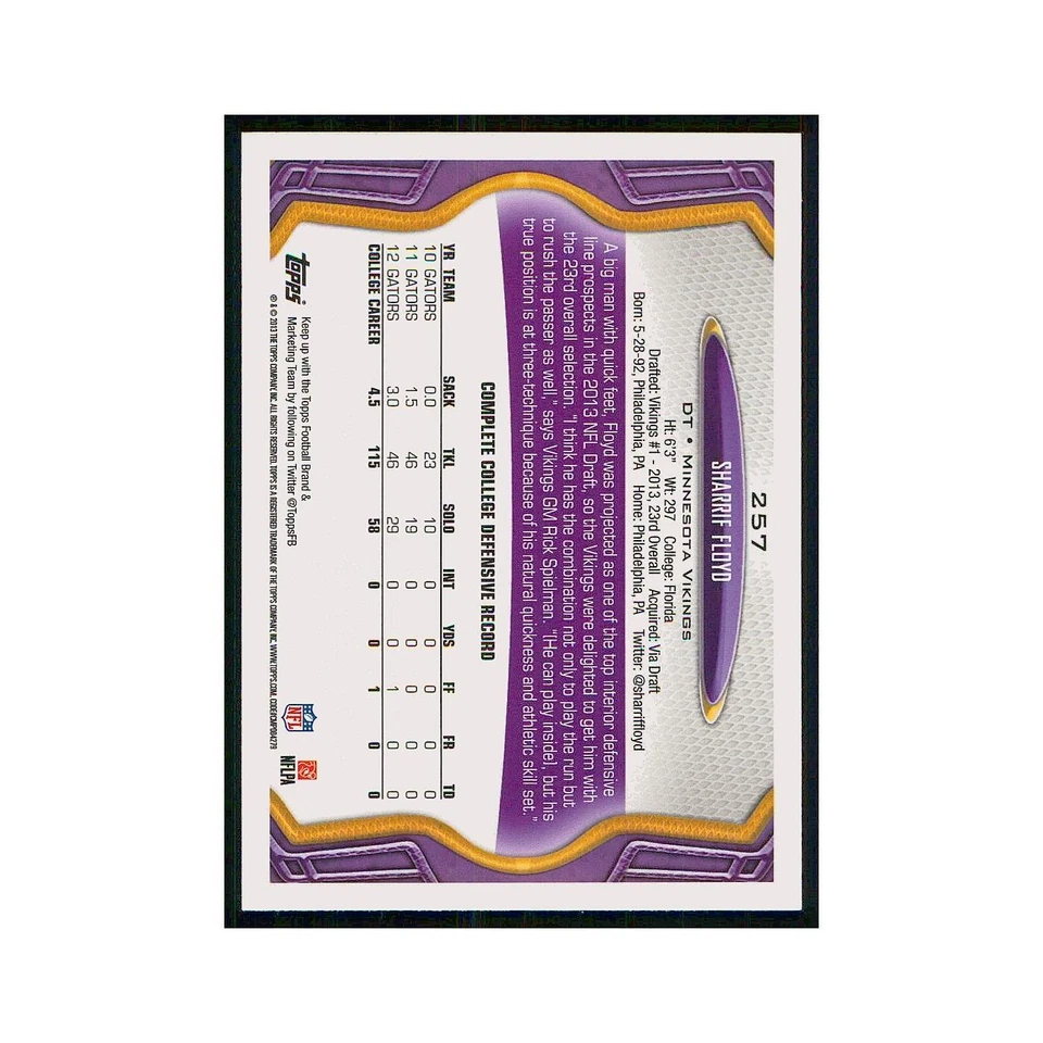 2013 Topps Sharrif Floyd RC Vikings #257 - Image 2 of 3
