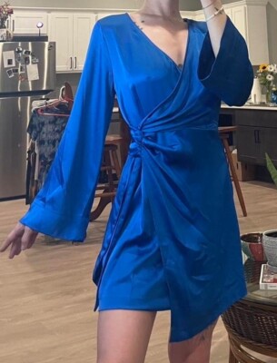 Zara Satin Effect Wrap Blue Mini Dress Size Large NWT