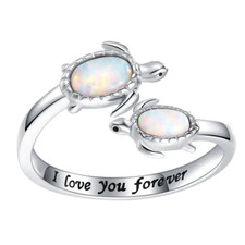Turtle Shaped Silvertone Opal Adjustable Ring - New