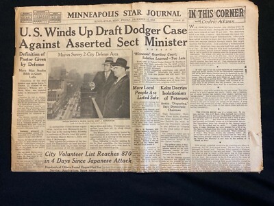 Minneapolis Star Journal Newspaper Dec 12th 1941 Draft Dodger Case