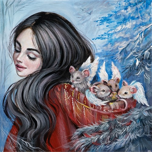 Picture Girl with mice "Queen of mice" canvas acrylic art fantasy. Anna Borachuk - Picture 6 of 8