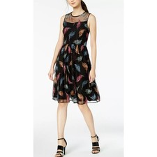 CALVIN KLEIN Feather Embroidered Mesh Fit & Flare Dress Size 12 Black Multi