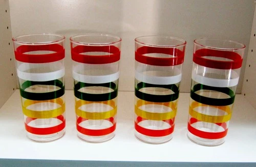 Vintage MCM Set Of 4 Anchor Hocking USA Fiesta Band Drinking Glass 15oz Tumblers