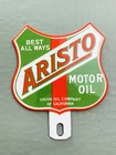 VINTAGE ARISTO MOTOR OIL 6x5" GASOLINE GAS PUMP STATION PORCELAIN TOPPER SIGN