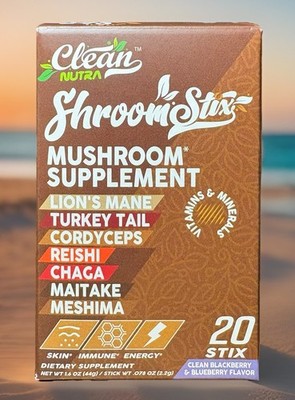 Clean Nutra ShroomStix Skin Immune Energy 20 Sticks BlackBerry &Blueberry Flavor