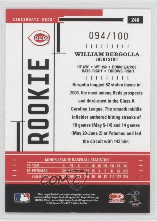 2004 Donruss Throwback Threads Gold Proof /100 William Bergolla #248 Rookie RC - Image 2 of 2