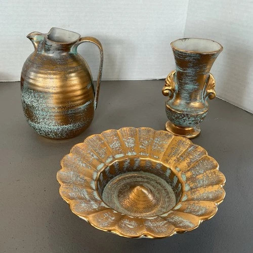 STANGL POTTERY HAND PAINTED GOLD&AQUA MID-CENTURY VASE PITCHER FLOWER BOWL