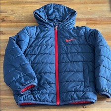 Nike Boys Navy Puffer Jacket with Hood Red Details Size 7