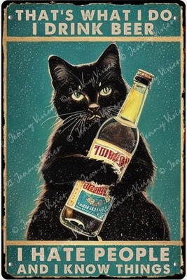 Tin Metal Sign Beer Decor Vintage Art Black Cat for Bar Cafe Home 8x12 