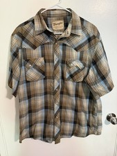 Mens Wrangler Pearl Snap Shirt Short Sleeve Western Blue Brown Plaid Size XL