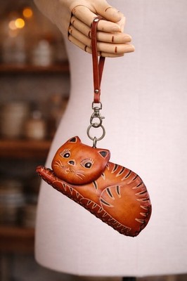 Leather Cat Coin Pouch Wristlet Orange Tabby Reclining Design