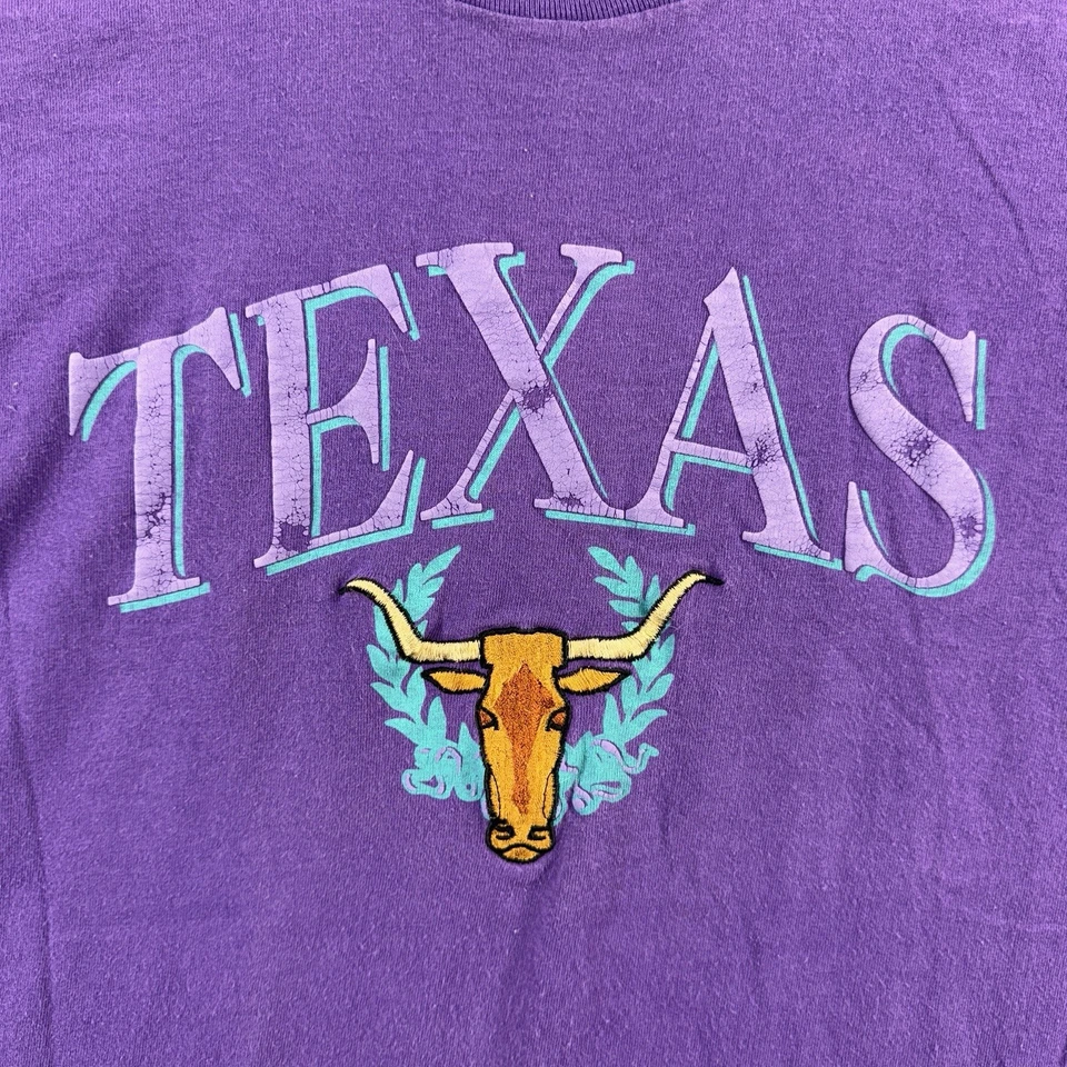 Vintage Texas T-Shirt Size M Single Stitch FOTL Purple Embroidered Longhorn USA - Image 4 of 4